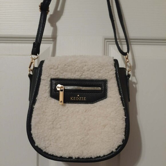 KEDZIE Crossbody Mini Messenger in Vegan Leather Faux Shearling Handbag - Picture 1 of 9